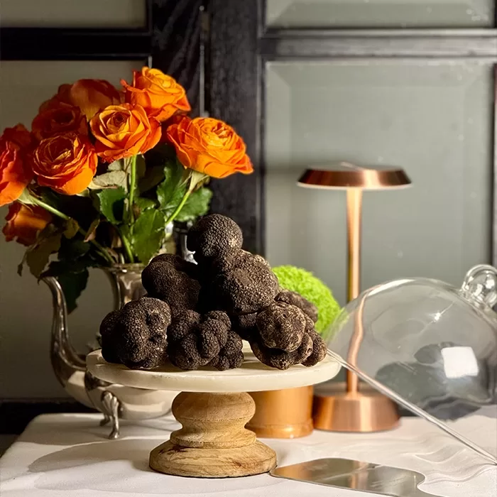 A marble and wood pedestal displays a pile of black truffles on a table. Behind it are orange roses in a silver vase, a copper lamp, and a glass cloche, all set against a dark window background.