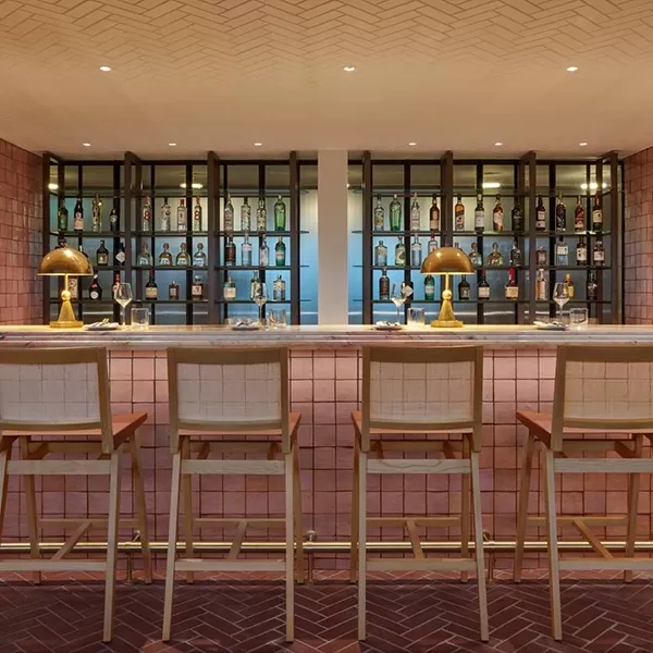 Luxury pink interior of rooftop bar at One Hundred Shoreditch, London