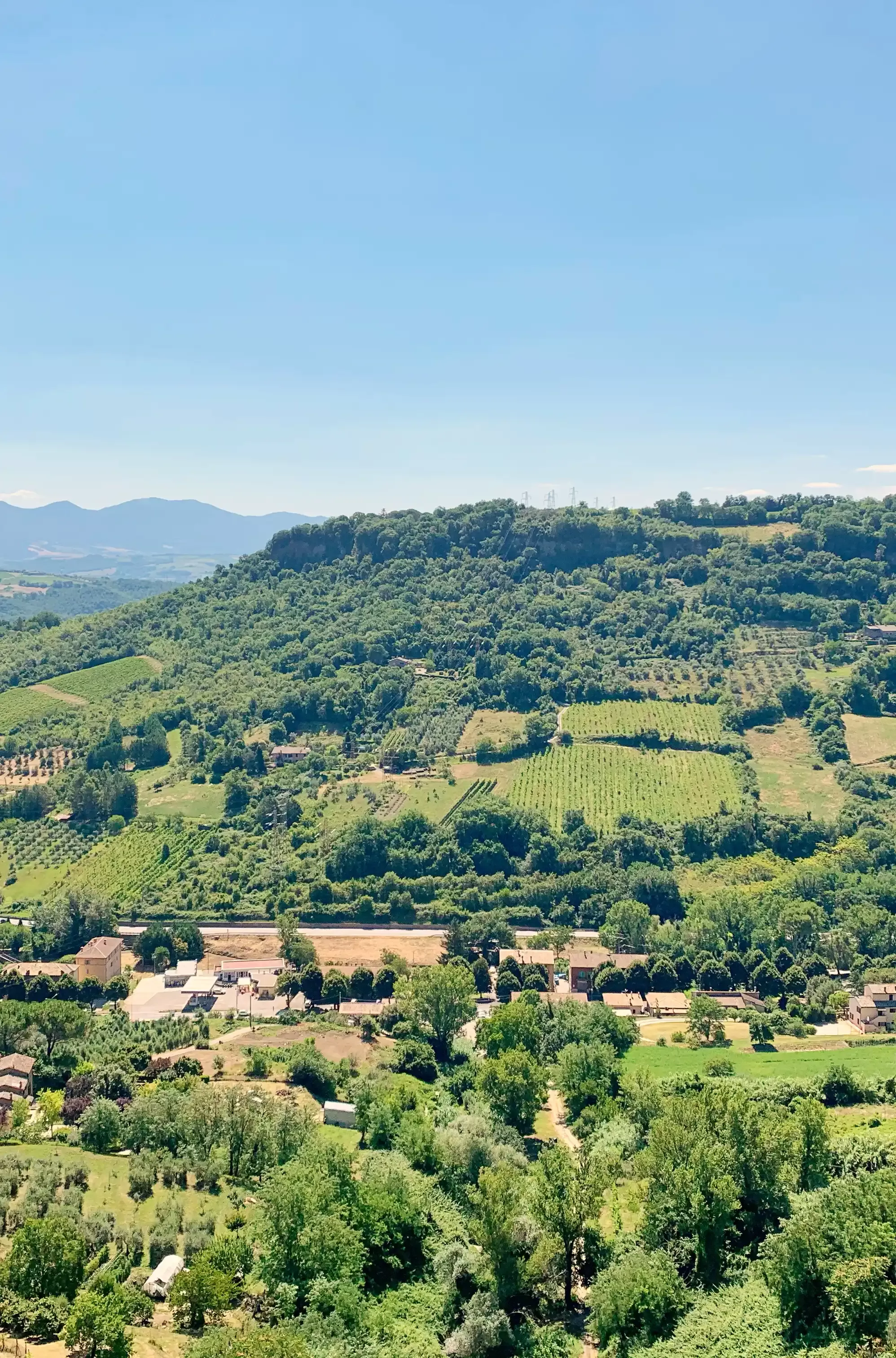 View of the landscape over the Orvieto hills at Castello di Reschio, Umbria, Italy.