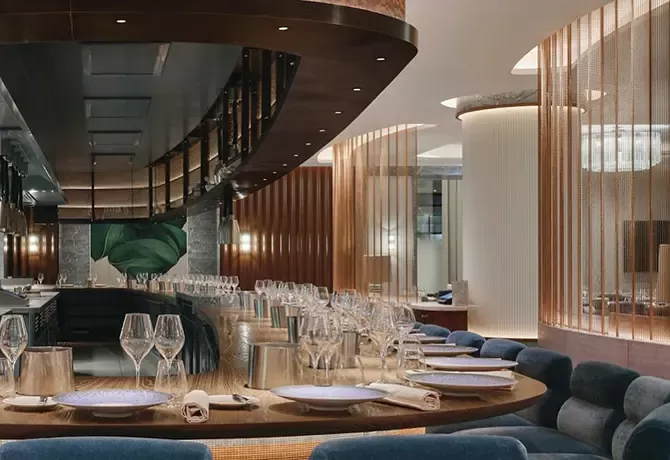 Luxury open kitchen bar seating at Pavyllon London at Four Seasons Park Lane, Mayfair, London