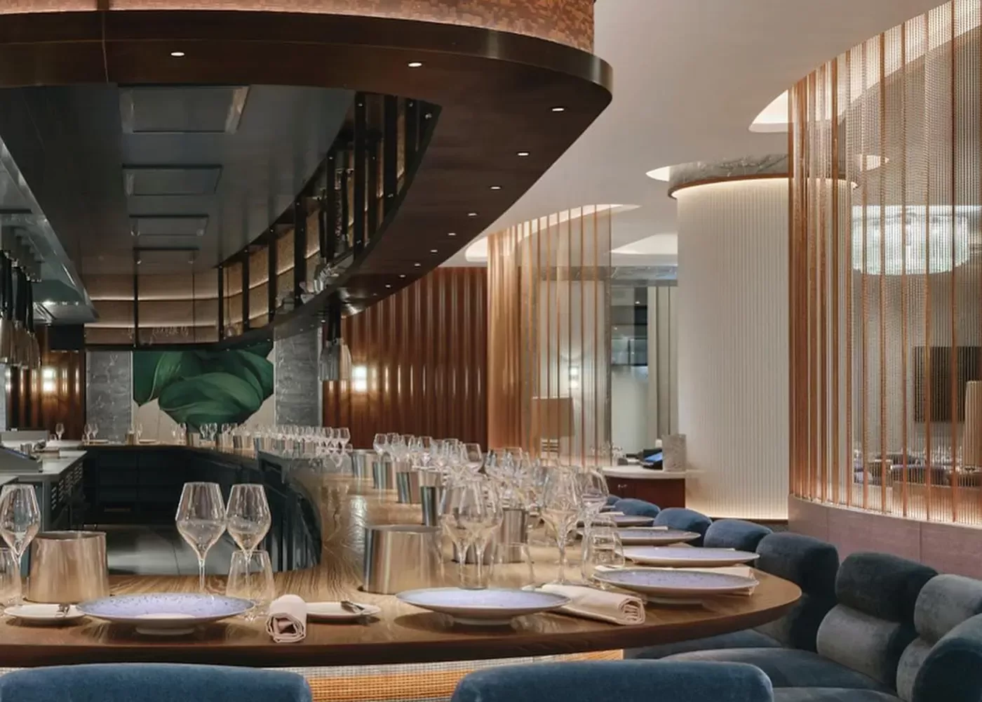 Luxury open kitchen bar seating at Pavyllon London at Four Seasons Park Lane, Mayfair, London.
