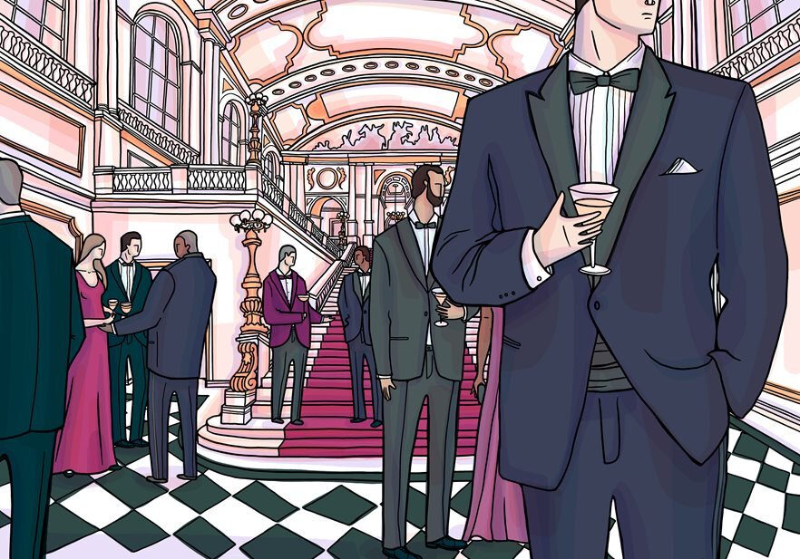 Illustration of group of people in formalwear drinking martini's in a grand hall