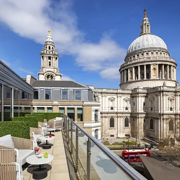 Balcony with seating and view of St Pauls Cathedral at Sabine, The City, London