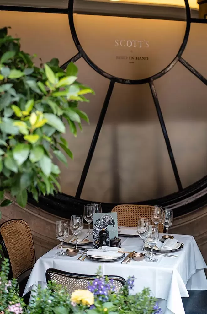 Quaint dining table under plants at Scott's, Mayfair, London