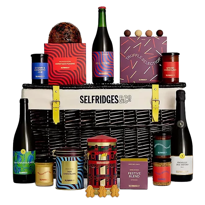 Colourful food and drink surrounding Selfridges The Christmas Pantry Hamper