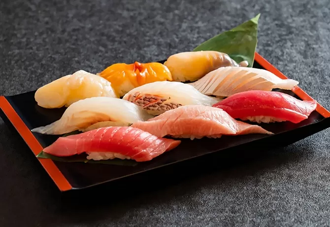 Colourful sushi on a sushi tray