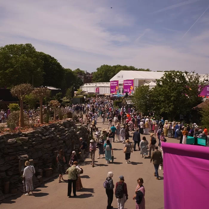A large crowd of people walks along a pathway at an outdoor event with white tents and colorful banners, surrounded by greenery and stone landscaping, under a clear sky.