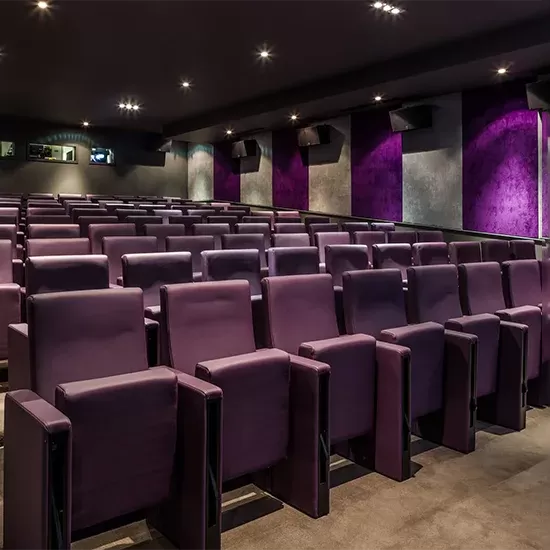 Purple rows of seats in the cinema room at The Courthouse Hotel.
