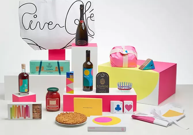 Food and drink laid out surrounding The River Cafe 2023 Extra Large Gift Box