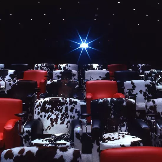 Red and cow print sofas at the cinema room in The Soho Hotel.