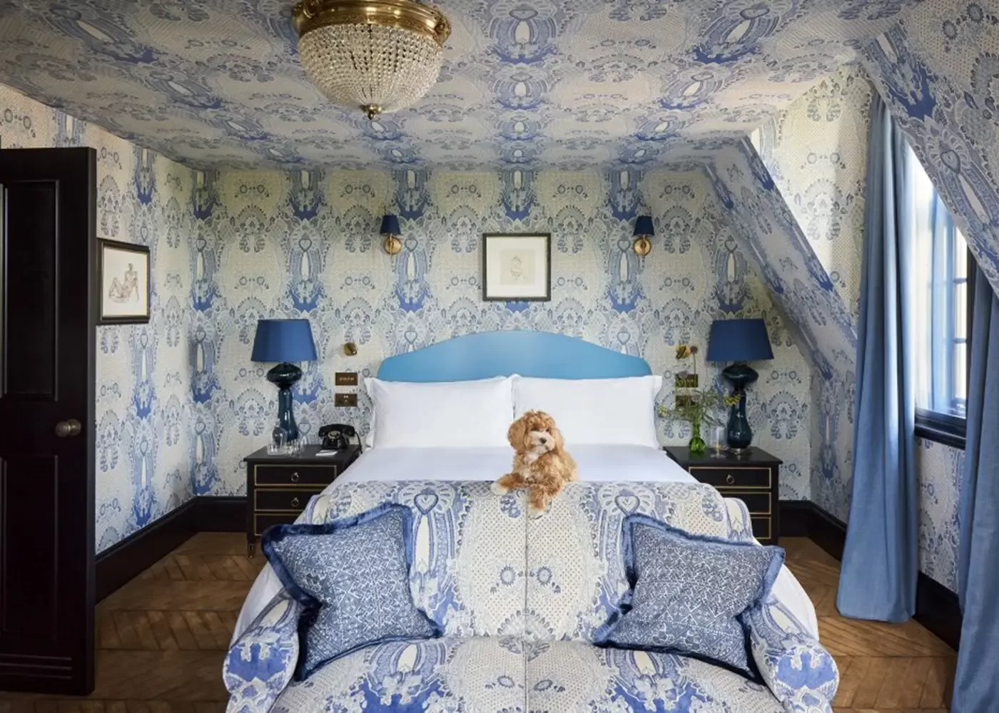 A cozy bedroom with blue and white patterned wallpaper, a double bed with white linens and a light blue headboard, matching blue lamps, a plush teddy bear on the bed, and a window with blue curtains.