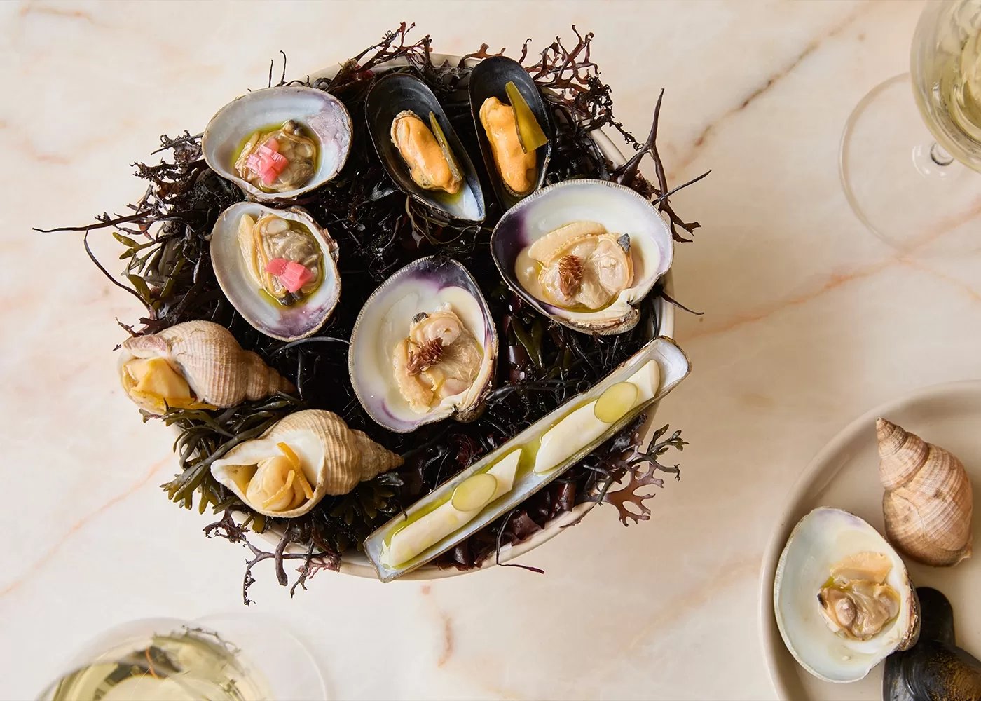 A bowl of assorted fresh shellfish, including clams, mussels, snails, and razor clams, served on a bed of seaweed, with a glass of white wine nearby on a marble surface.