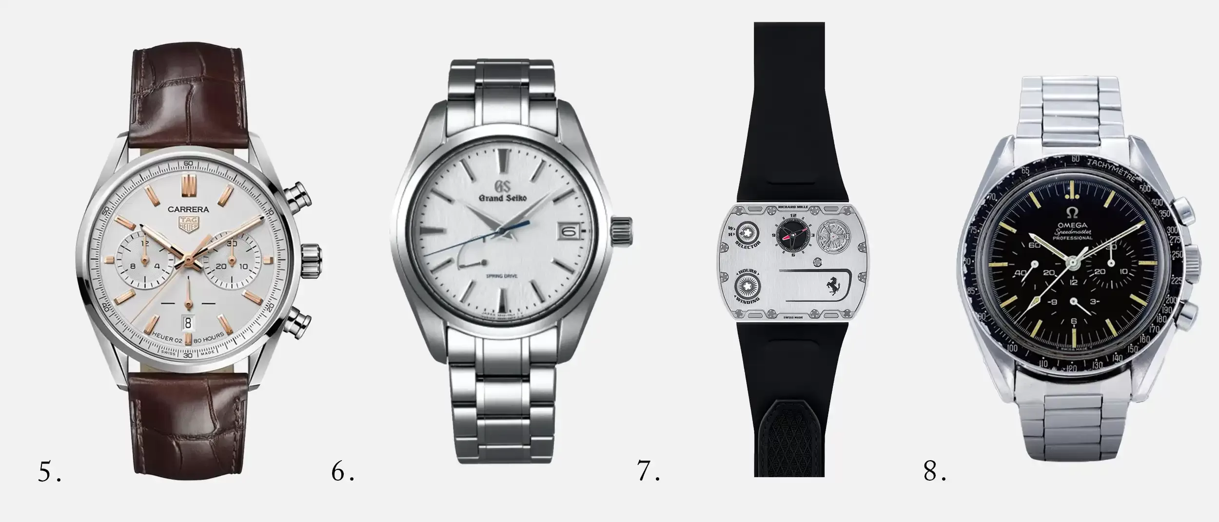 TAG HEUER CARRERA Automatic Chronograph - Diameter 42 mmCBN2013.FC6483, Grand Seiko Spring Drive SBGA211, Richard Mille RM UP-01 Ferrari and Omega Speedmaster Moonwatch Professional Chronograph 42mm mens