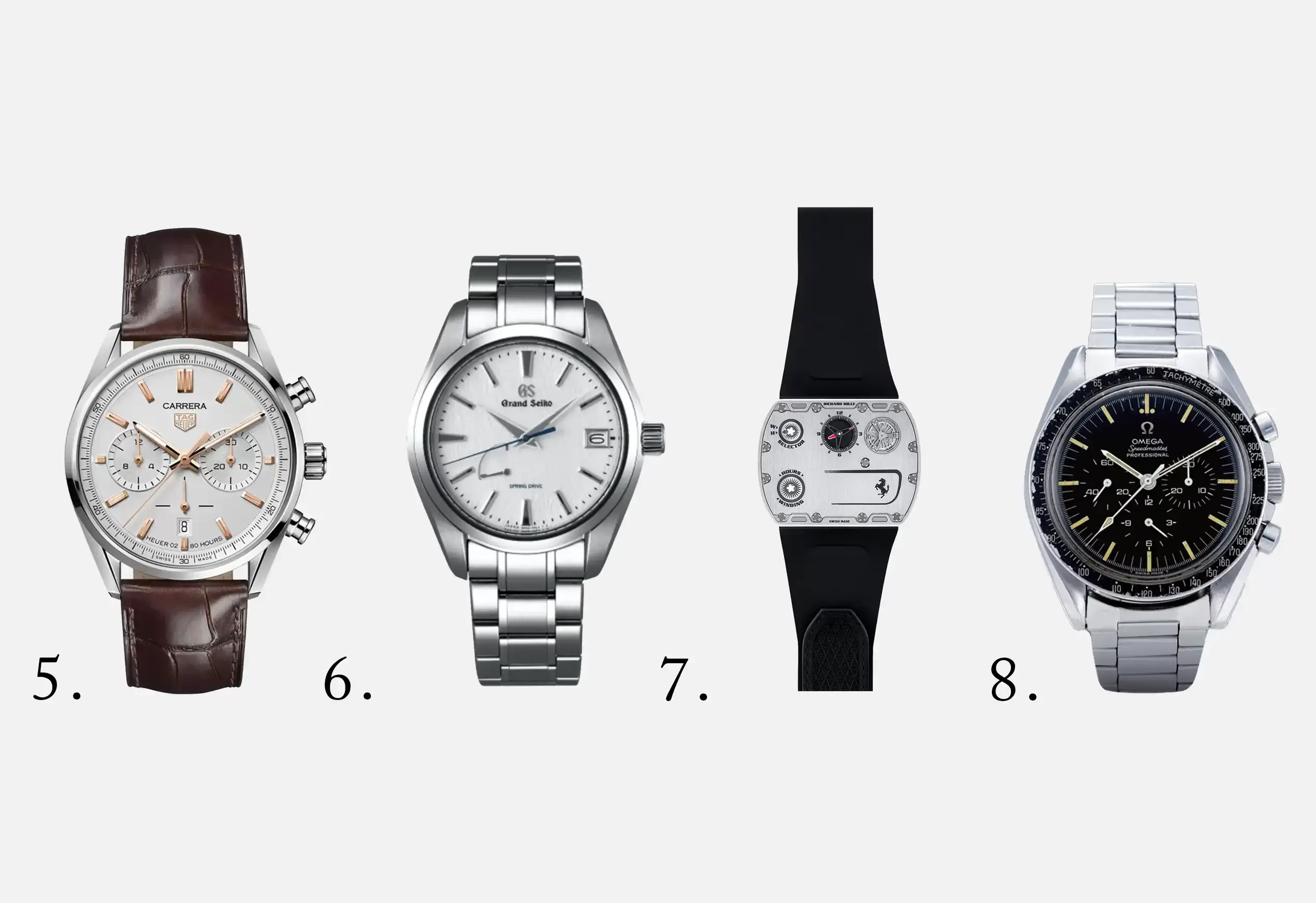 TAG HEUER CARRERA Automatic Chronograph - Diameter 42 mmCBN2013.FC6483, Grand Seiko Spring Drive SBGA211, Richard Mille RM UP-01 Ferrari and Omega Speedmaster Moonwatch Professional Chronograph 42mm mens
