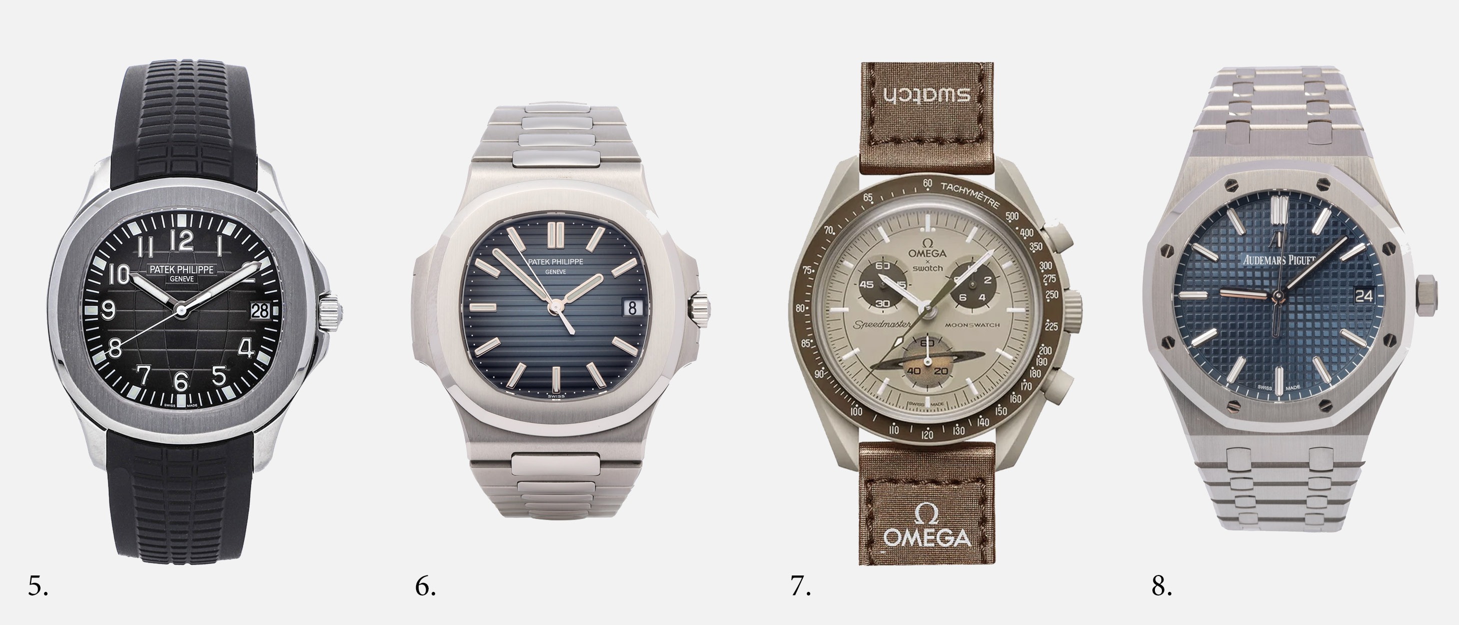 Collection of Patek Philippe Aquanaut, Patek Philippe Nautilus Blue Dial, Swatch X Omega and Audemars Piguet’s Royal Oak luxury watches.