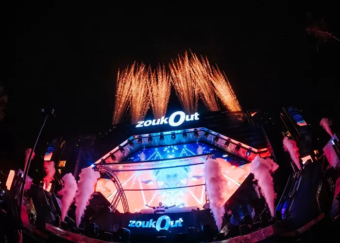 Picture of lit up stage with fireworks at Zouk Out Festival, Singapore