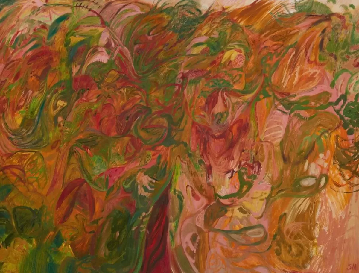 An abstract painting with swirling patterns in warm tones of red, green, and orange. The composition is dense with intricate shapes and textures, creating a sense of movement and energy across the canvas - Grasshoppers, 2024 by Soumya Netrabile.