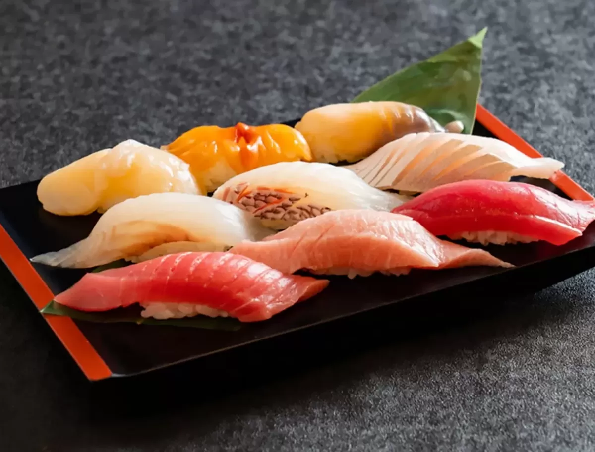 Colourful sushi on a sushi tray