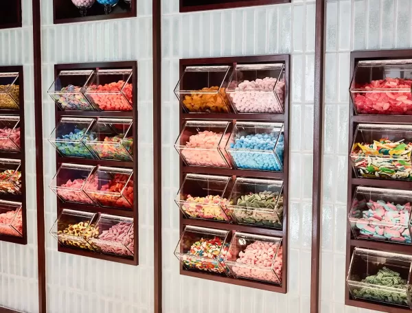 Clear plastic bins filled with various colorful candies, including gummies and licorice, are neatly arranged on a tiled wall in a self-serve candy shop.
