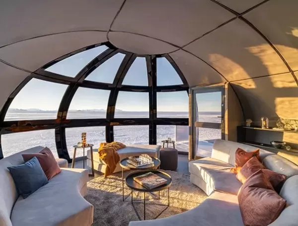 Inside luxury round interior of White Desert Echo Camp, Antarctica