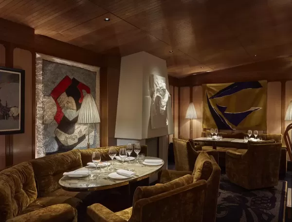 Luxury retro dining interior of new Italian restaurant Il Gattopardo, Mayfair, London.