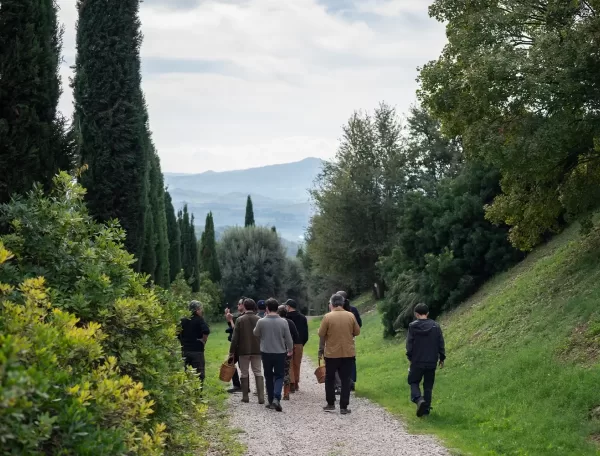A group of people walking on a gravel path through a countryside landscape, surrounded by green trees and bushes. They carry bags and walk towards distant mountains under a cloudy sky.