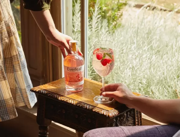 Women holding a bottle of Everleaf Mountain apéritif on a side table with a glass of drink with strawberry garnish next to a window.