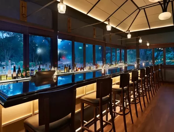 A modern bar with high wooden chairs lined along a glossy counter, shelves holding various bottles, and large windows revealing a nighttime outdoor view with trees and blue lighting. Warm ceiling lights illuminate the space.