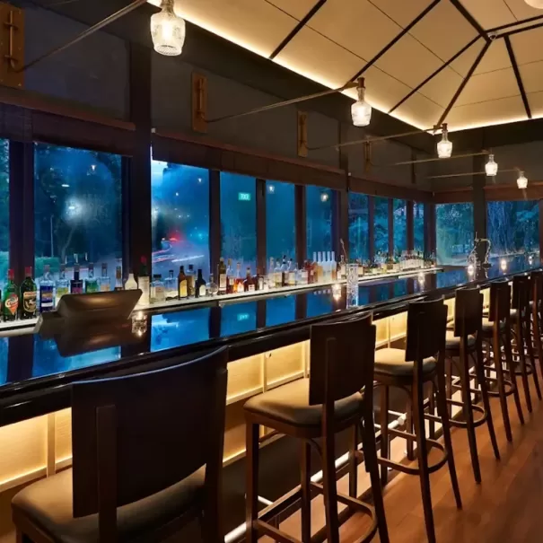 A modern bar with high wooden chairs lined along a glossy counter, shelves holding various bottles, and large windows revealing a nighttime outdoor view with trees and blue lighting. Warm ceiling lights illuminate the space.