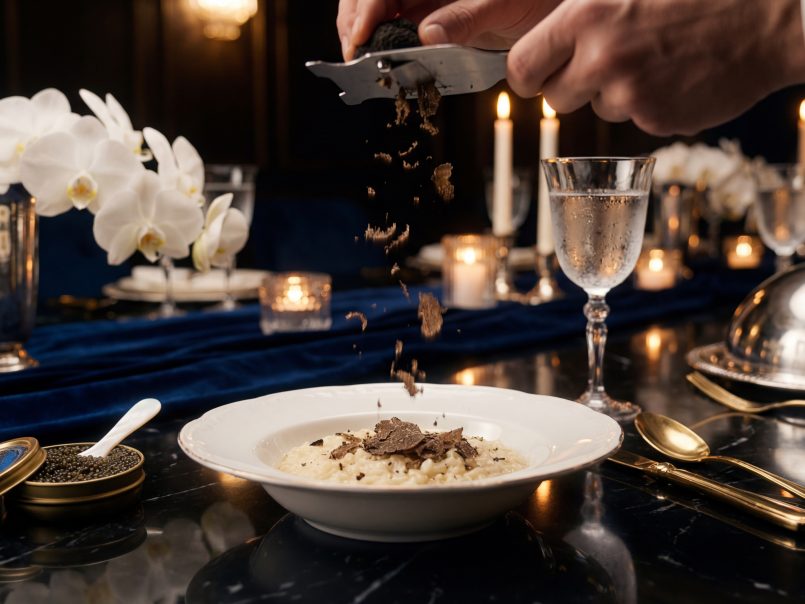 A person grates fresh truffle over a bowl of risotto on an elegant table set with candles, white orchids, a glass of sparkling drink, and a tin of caviar.