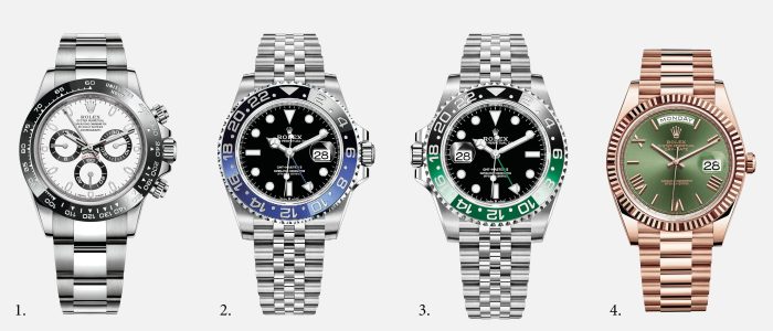 Collection of Rolex Daytona, Rolex GMT Master II 'Batman', Rolex GMT Master II 'Sprite', Rolex Day-Date Rose Gold luxury Rolex watches.