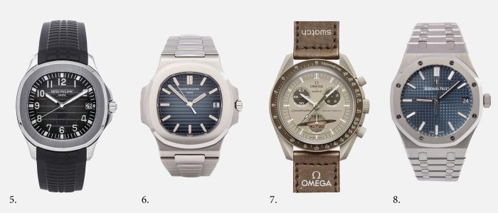 Collection of Patek Philippe Aquanaut, Patek Philippe Nautilus Blue Dial, Swatch X Omega and Audemars Piguet’s Royal Oak luxury watches.