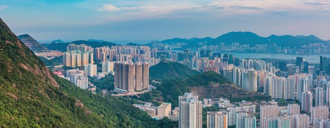 Birds eye view of the city skyline of Hong Kong