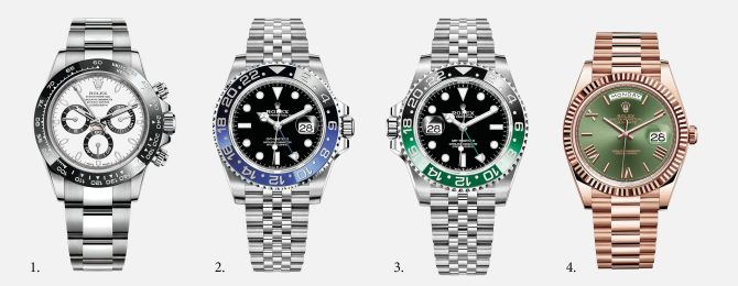 Collection of Rolex Daytona, Rolex GMT Master II 'Batman', Rolex GMT Master II 'Sprite', Rolex Day-Date Rose Gold luxury Rolex watches.