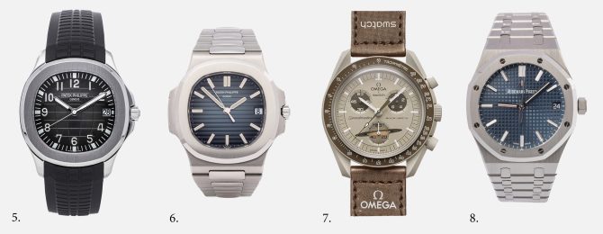 Collection of Patek Philippe Aquanaut, Patek Philippe Nautilus Blue Dial, Swatch X Omega and Audemars Piguet’s Royal Oak luxury watches.