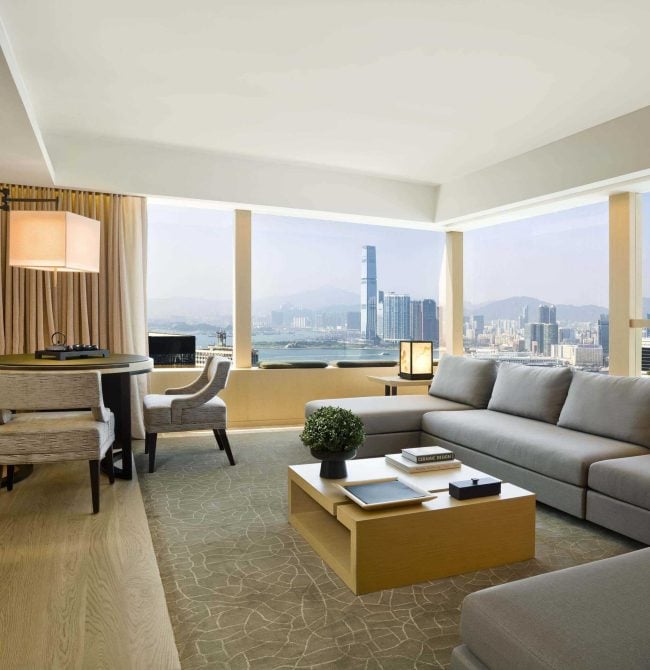 Luxury apartment hotel living room with a view of skyline of Hong Kong