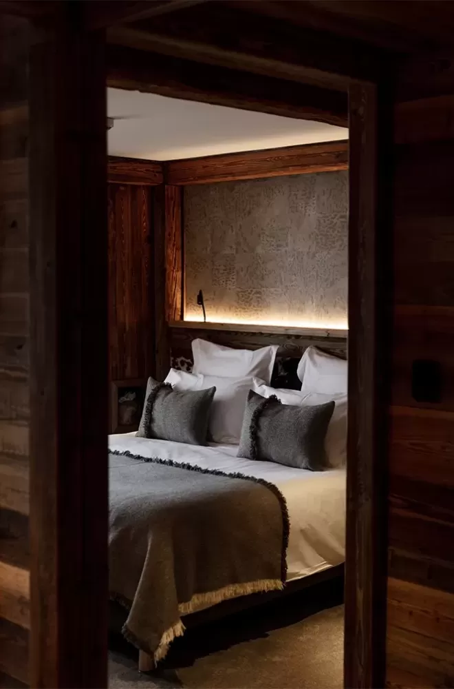 View of double bed in hotel room at M Lodge & Spa, Saint Martin de Belleville