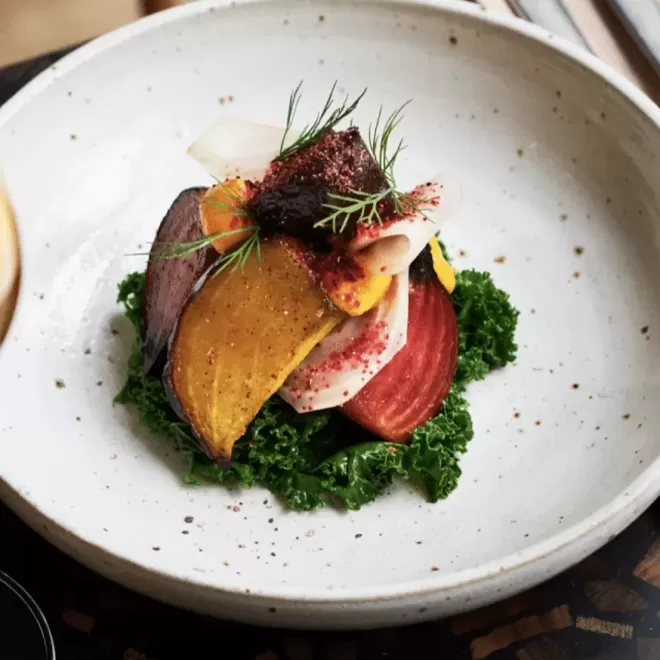 Bowl plate of fine vegetarian cuisine at EDIT, Hackney