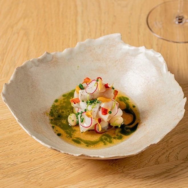 Colorful finely presented cuisine with garnish and jus served in large irregular edged pearlescent bowl