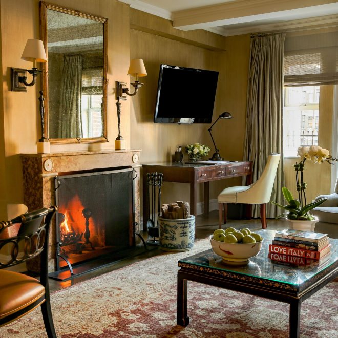 Inside rustic hotel room, The Lowell Hotel, NYC