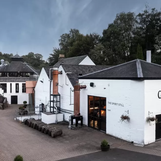 Exterior of white distillery building of The Glenturret, Perthshire, Scotland