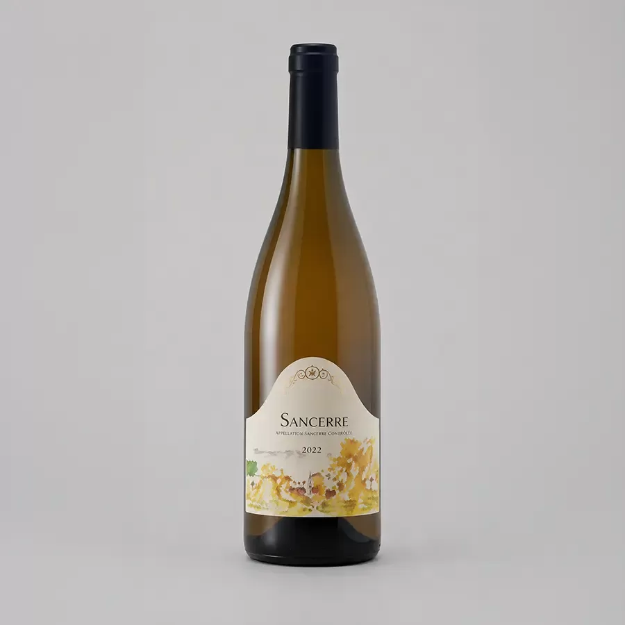 A bottle of Sancerre white wine with a dark screw cap and a cream-colored label featuring an illustration of a vineyard, the name “Sancerre,” and the year 2022, set against a plain light gray background.
