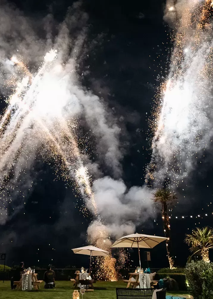 Colourful fireworks burst in the night sky above a lush green lawn, creating a festive and vibrant atmosphere.