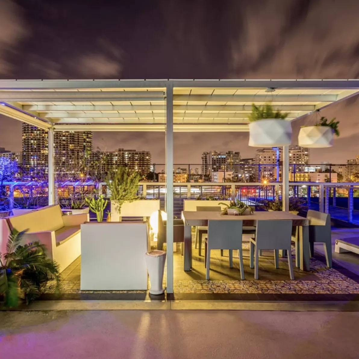 Outside seating area with colourful lights