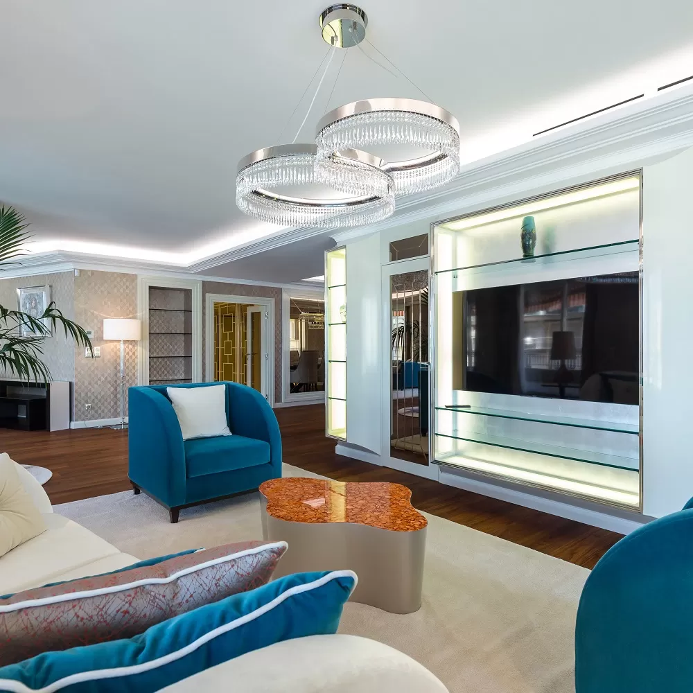 Inside luxury apartment interior with luxury furniture and flat screen TV