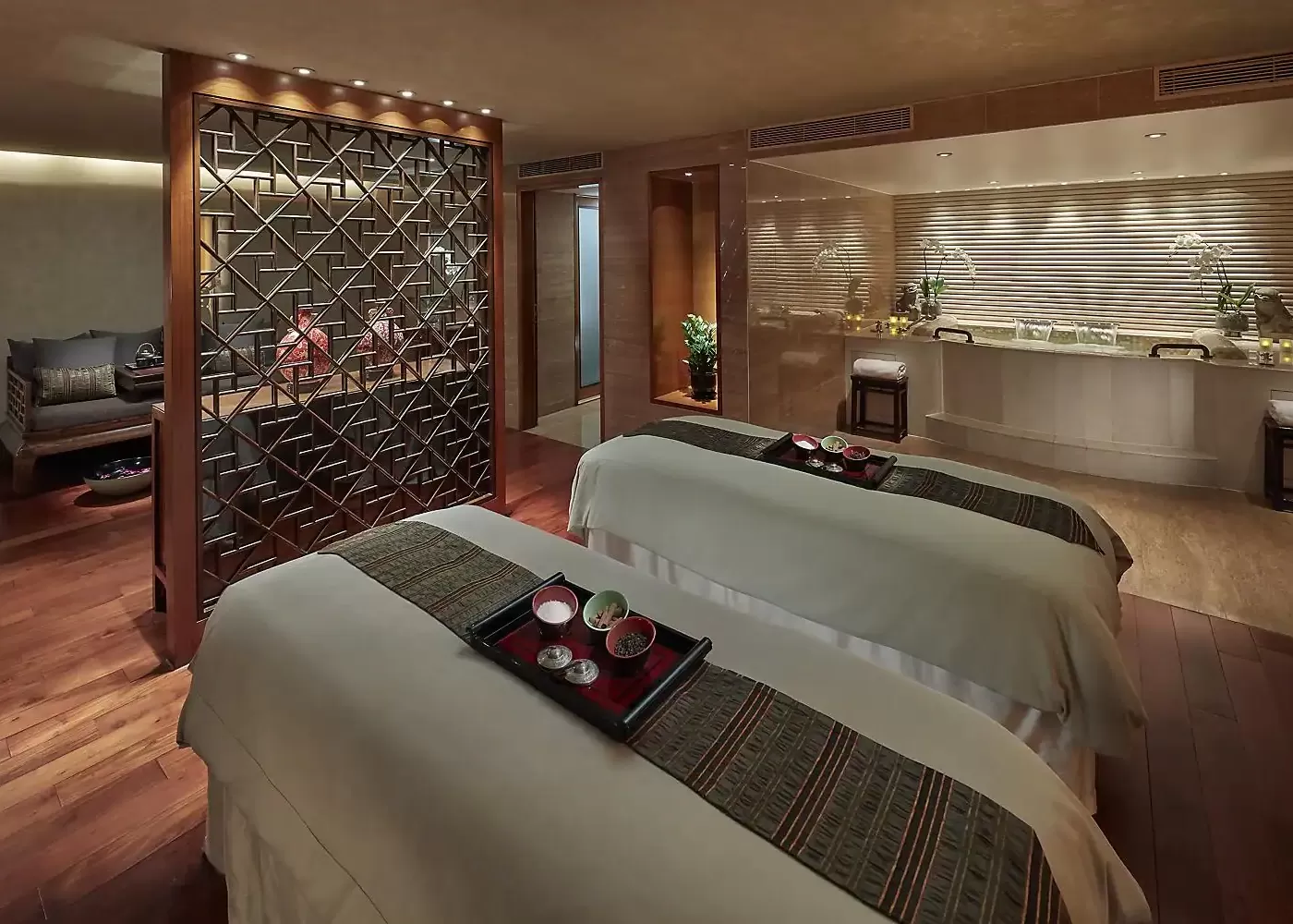 Spa treatment room with two treatment beds