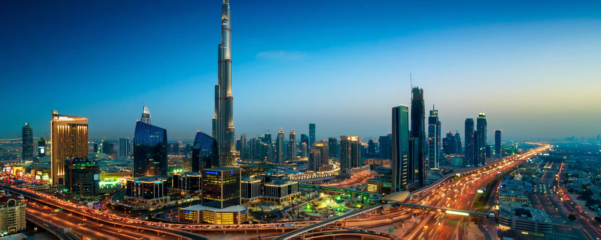 Skyline city view of Dubai at night