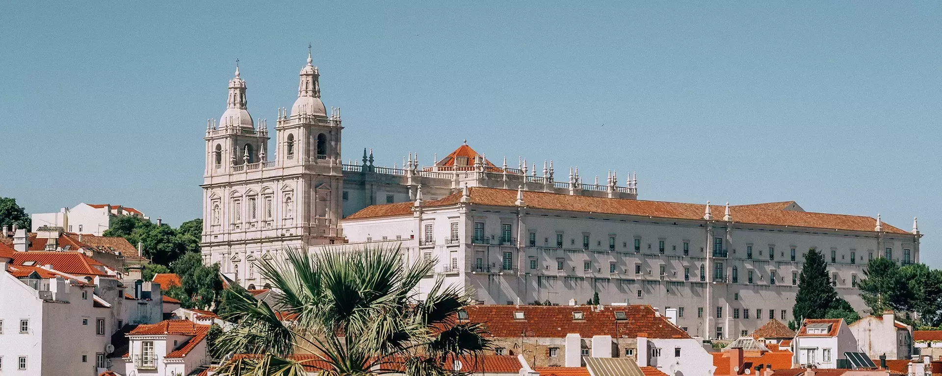 View of grand building in sunny Lisbon, Portugal