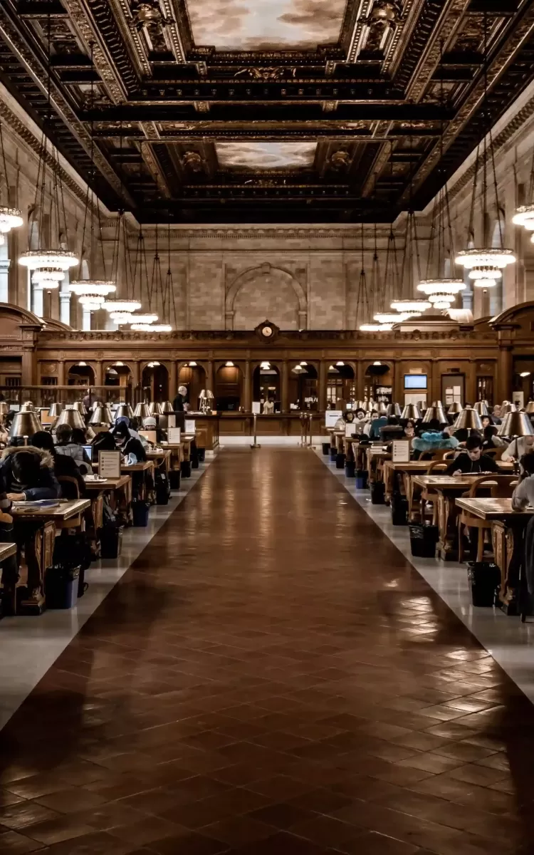 Walkway through grand luxury interior library with people seated left and right sides of walkway