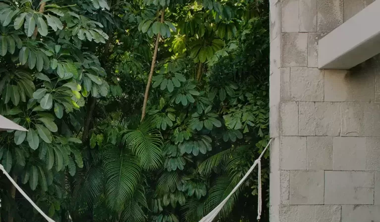 A white hammock is tied between a stone pillar and a wall beside a turquoise swimming pool, surrounded by lush green tropical plants and trees. A round cushioned stool sits on the patio near the pool.